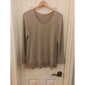 Women's Soft Surroundings Brown/White Lace Trim Long Sleeve Blouse Size XSmall